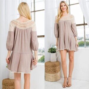 Tunic Dress Flowy Taupe with Crochet Yoke